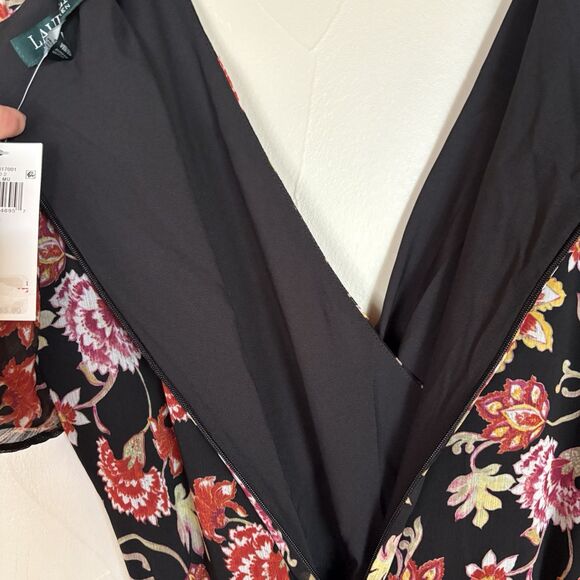 Ralph Lauren Black Floral Georgette Dress Short Flutter Sleeve Faux Wrap SZ 0 NW - Picture 12 of 16